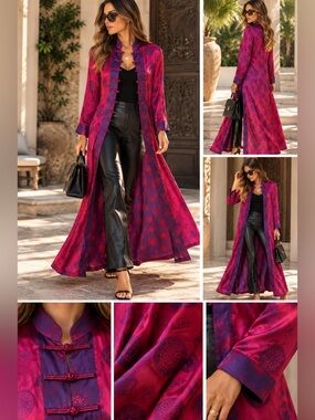 C&H Satin Asian Inspired Maxi Duster Robe Frog Closure Magenta Purple XXL